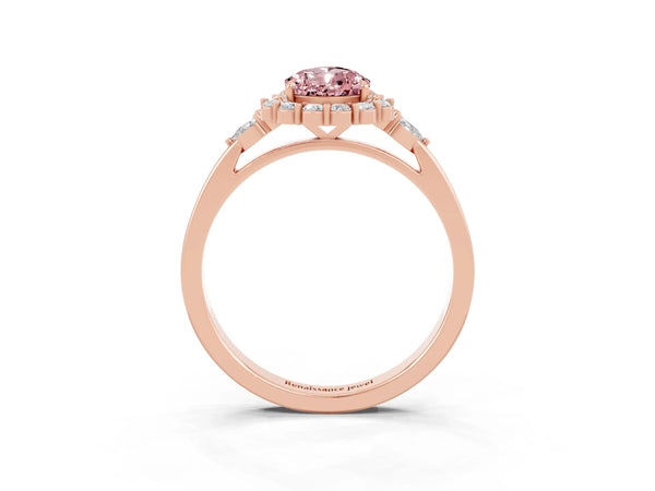 Rose gold Pear Cut Morganite Halo Ring with Pear Side Stones and Prong Setting