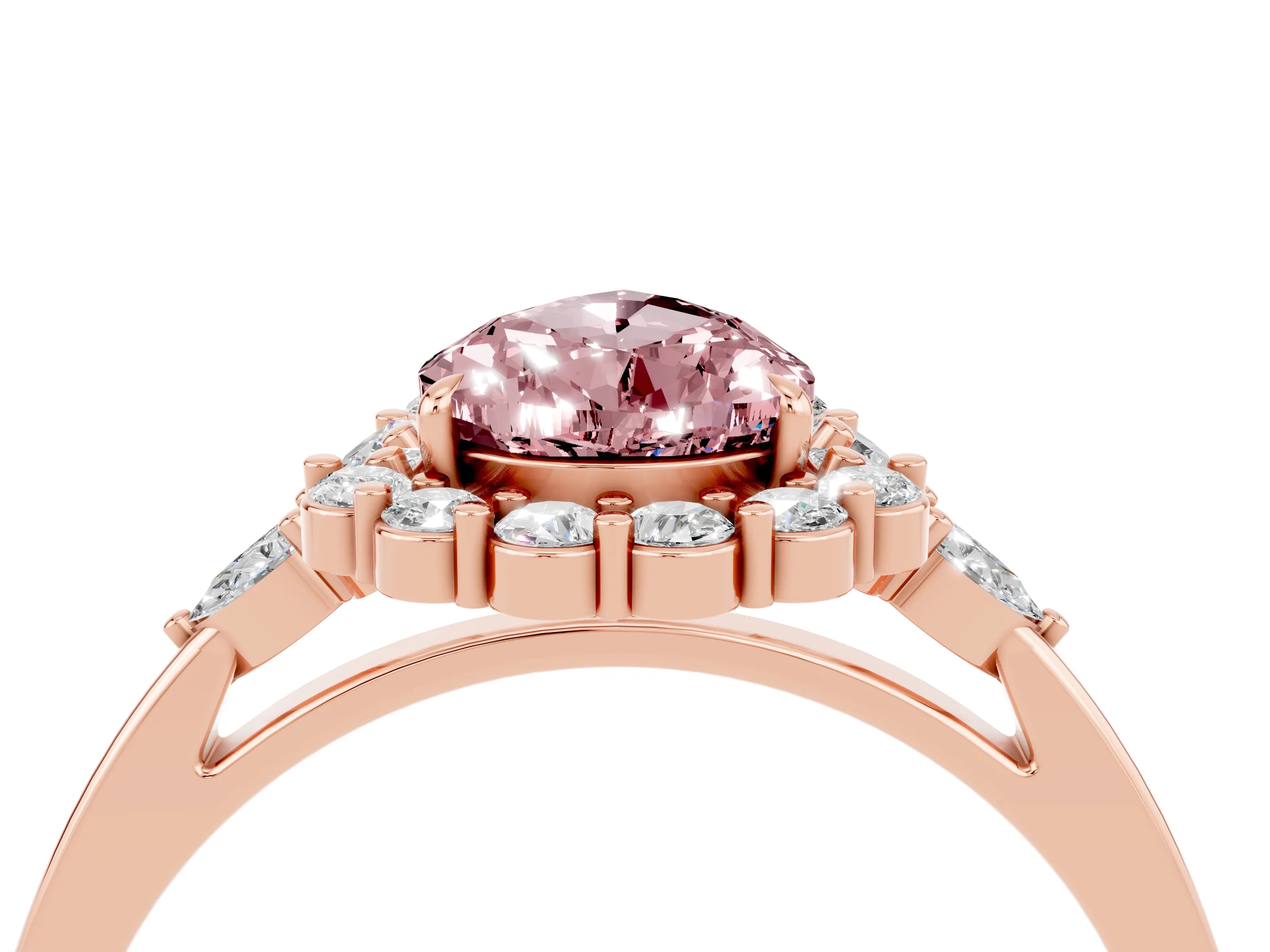 Rose gold Pear Cut Morganite Halo Ring with Pear Side Stones and Prong Setting_16