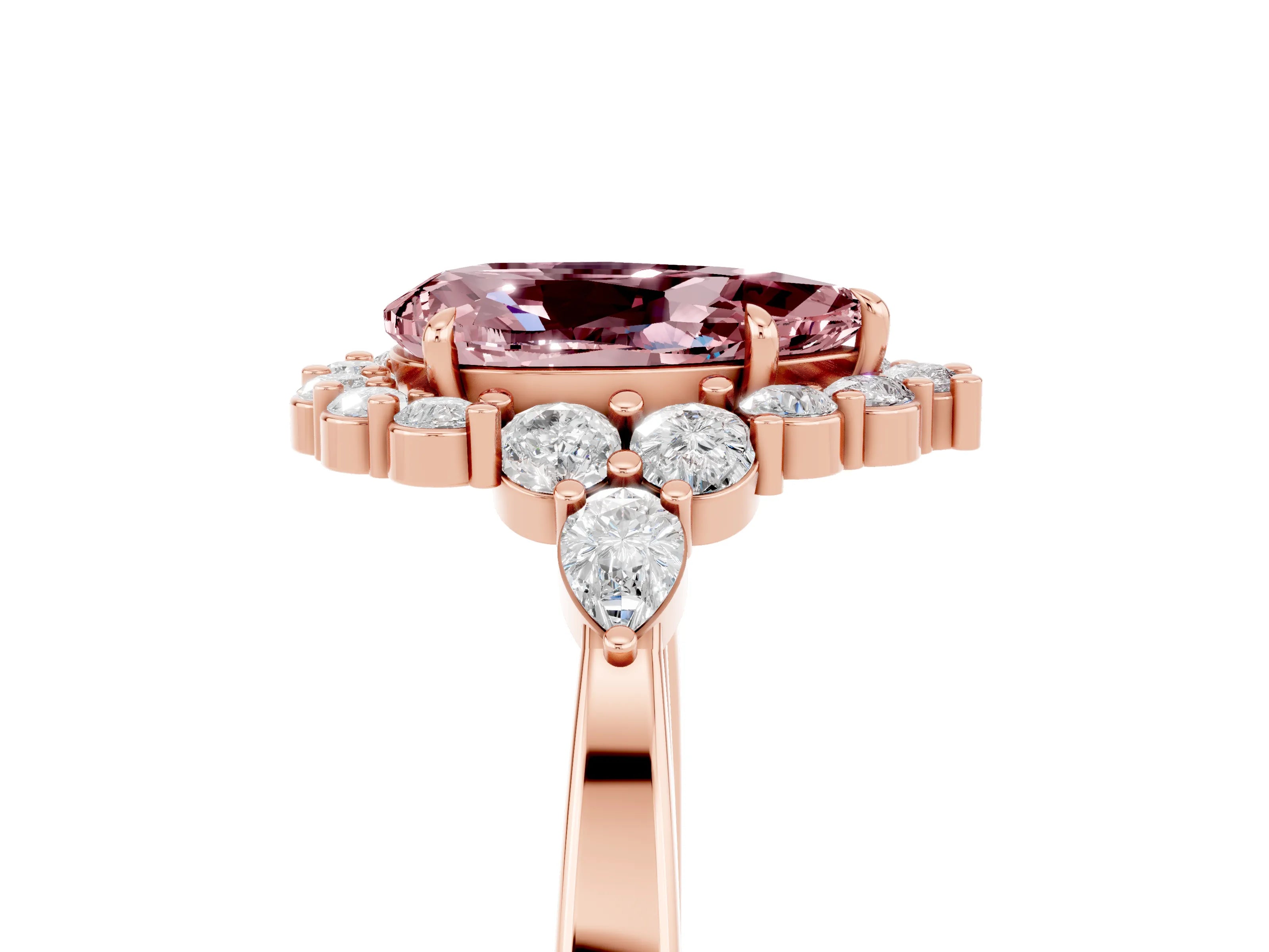 Rose gold Pear Cut Morganite Halo Ring with Pear Side Stones and Prong Setting_17
