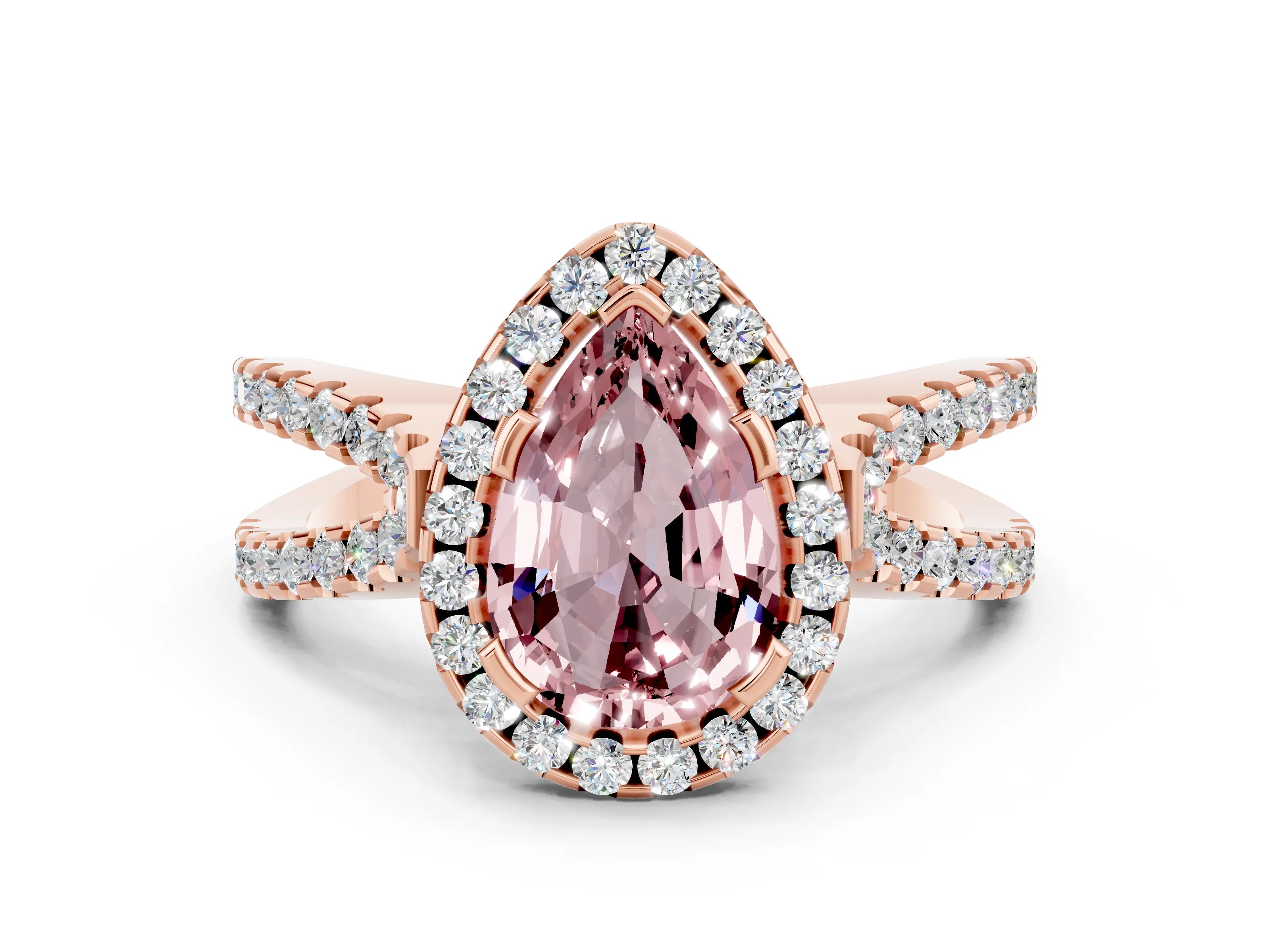 Rose gold Pear Cut Morganite Halo Ring with Split Shank Pavé Band and Prong Setting