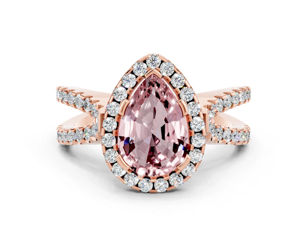 Rose gold Pear Cut Morganite Halo Ring with Split Shank Pavé Band and Prong Setting