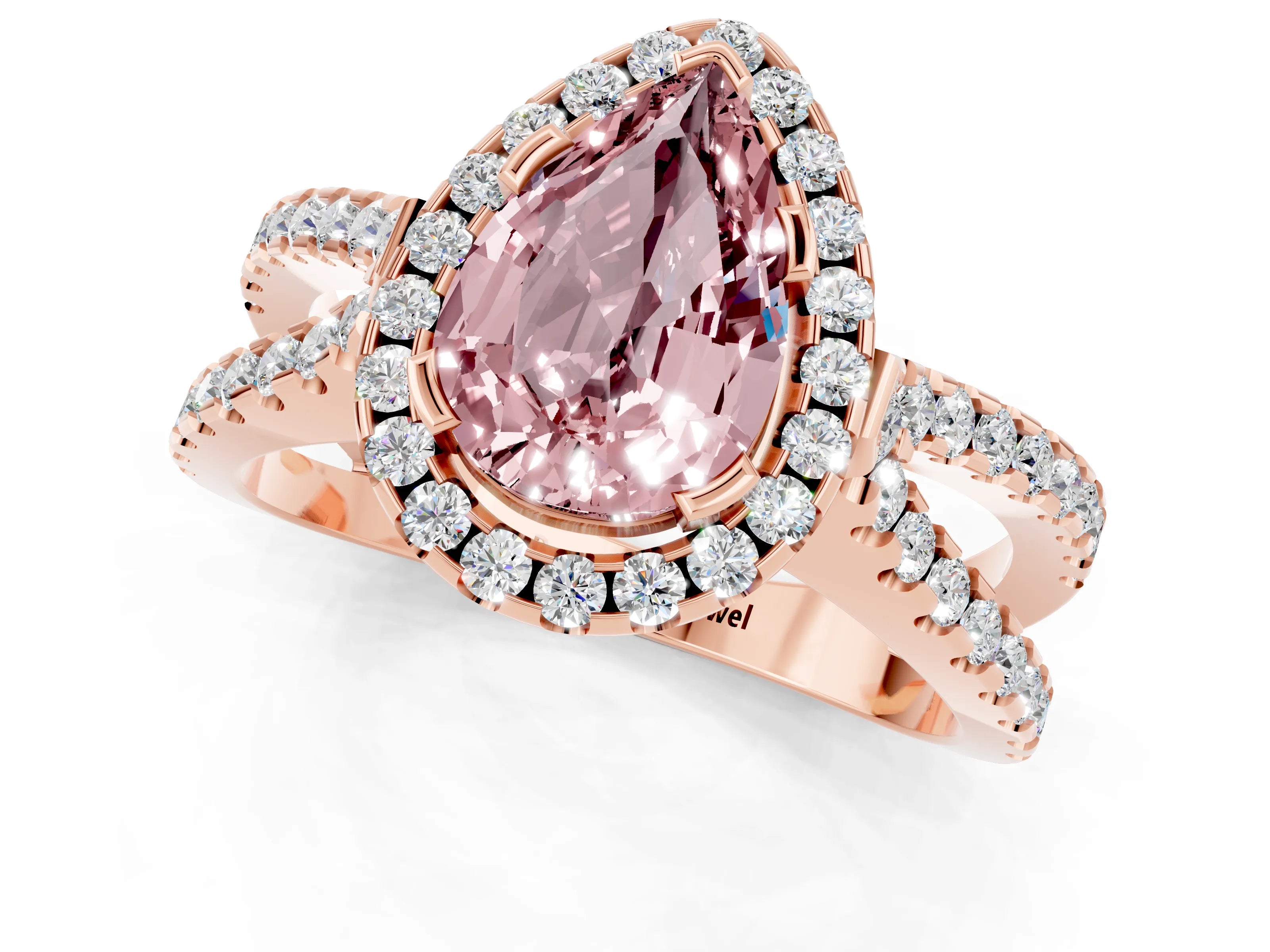 Rose gold Pear Cut Morganite Halo Ring with Split Shank Pavé Band and Prong Setting_1