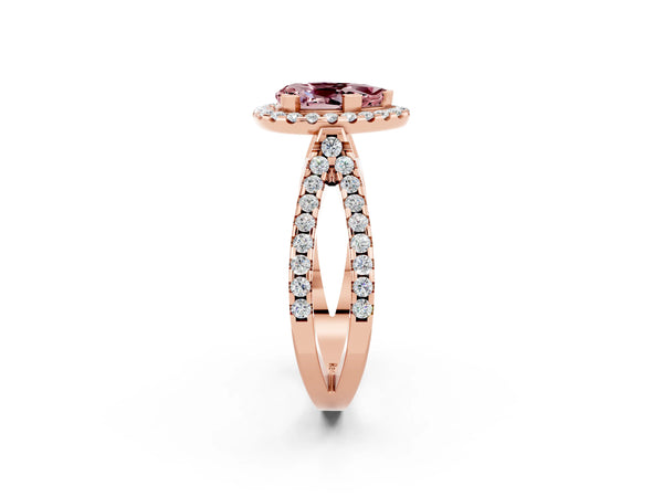 Rose gold Pear Cut Morganite Halo Ring with Split Shank Pavé Band and Prong Setting
