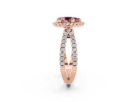 Rose gold Pear Cut Morganite Halo Ring with Split Shank Pavé Band and Prong Setting_2