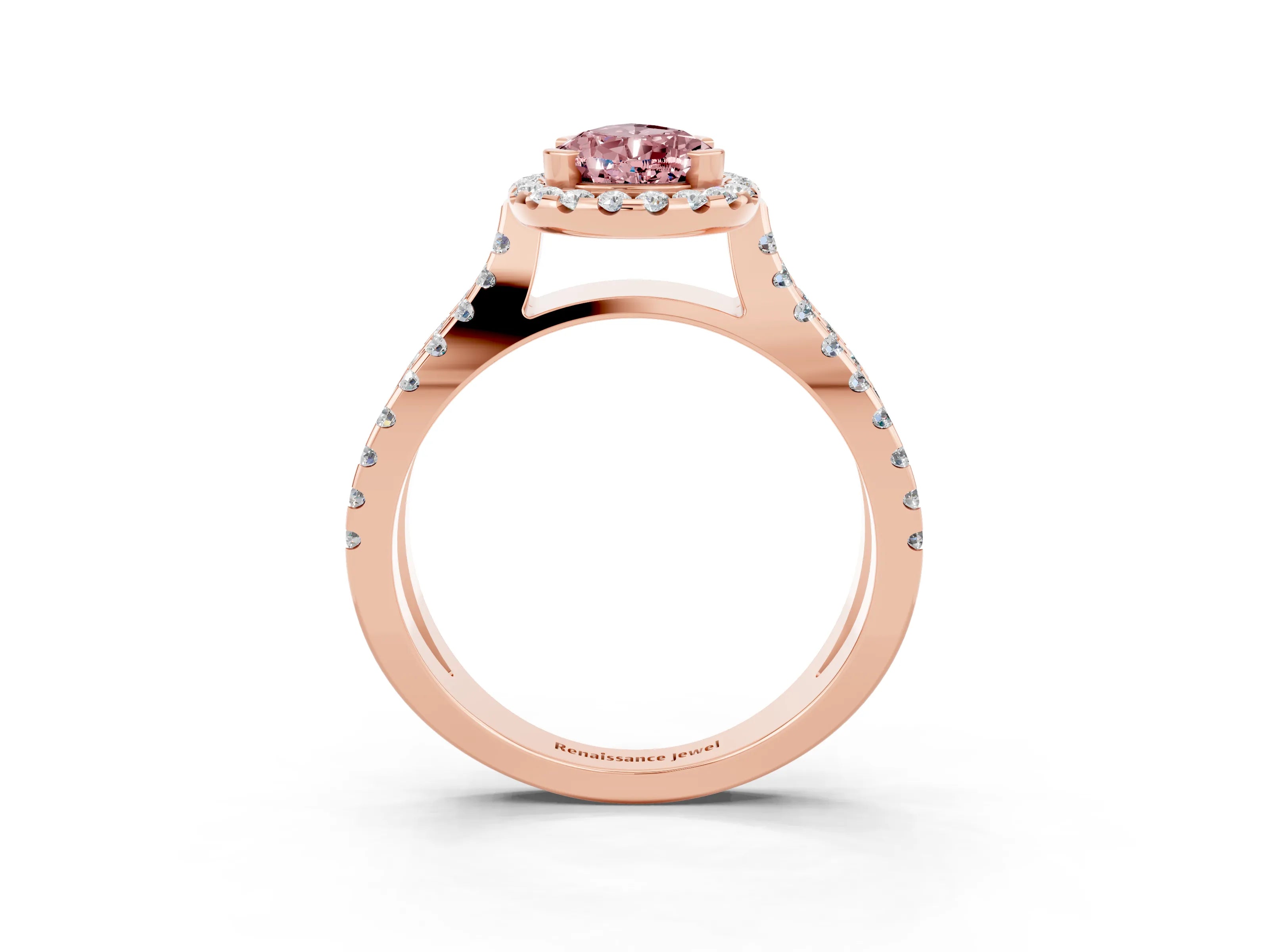 Rose gold Pear Cut Morganite Halo Ring with Split Shank Pavé Band and Prong Setting_3