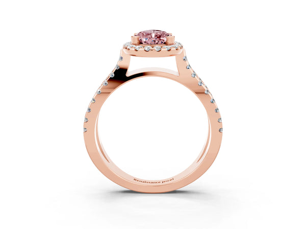 Rose gold Pear Cut Morganite Halo Ring with Split Shank Pavé Band and Prong Setting