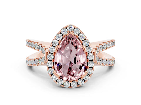 Rose gold Pear Cut Morganite Halo Ring with Split Shank Pavé Band and Prong Setting