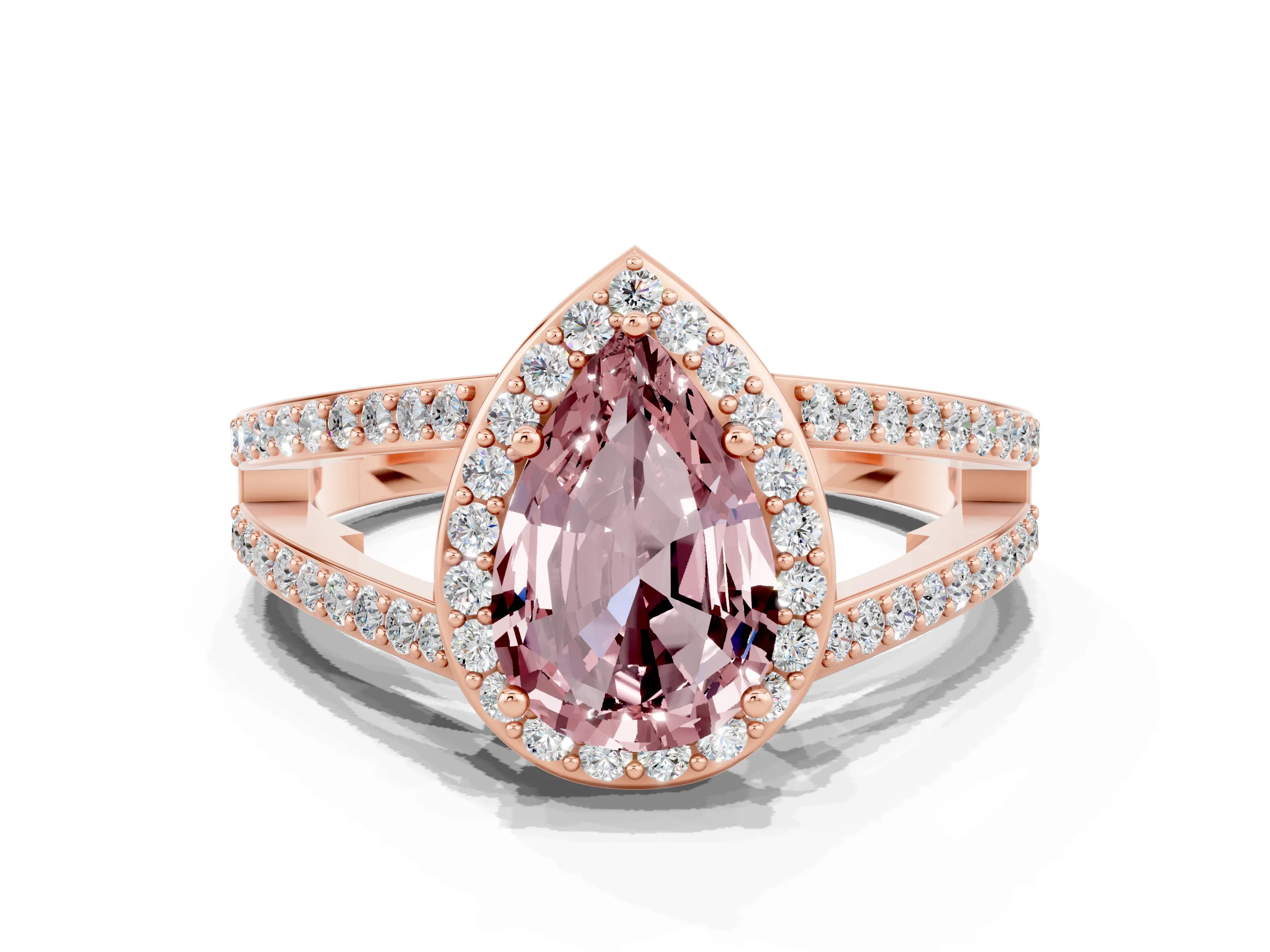 Rose gold Pear Cut Morganite Halo Ring with Split Shank U-Prong Band and Four-Prong Setting