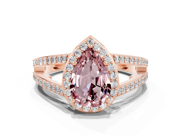 Rose gold Pear Cut Morganite Halo Ring with Split Shank U-Prong Band and Four-Prong Setting