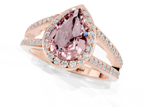 Rose gold Pear Cut Morganite Halo Ring with Split Shank U-Prong Band and Four-Prong Setting_1