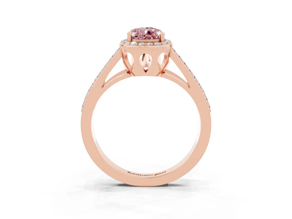 Rose gold Pear Cut Morganite Halo Ring with Split Shank U-Prong Band and Four-Prong Setting