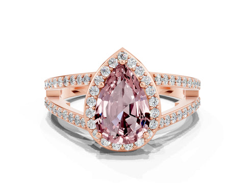Rose gold Pear Cut Morganite Halo Ring with Split Shank U-Prong Band and Four-Prong Setting