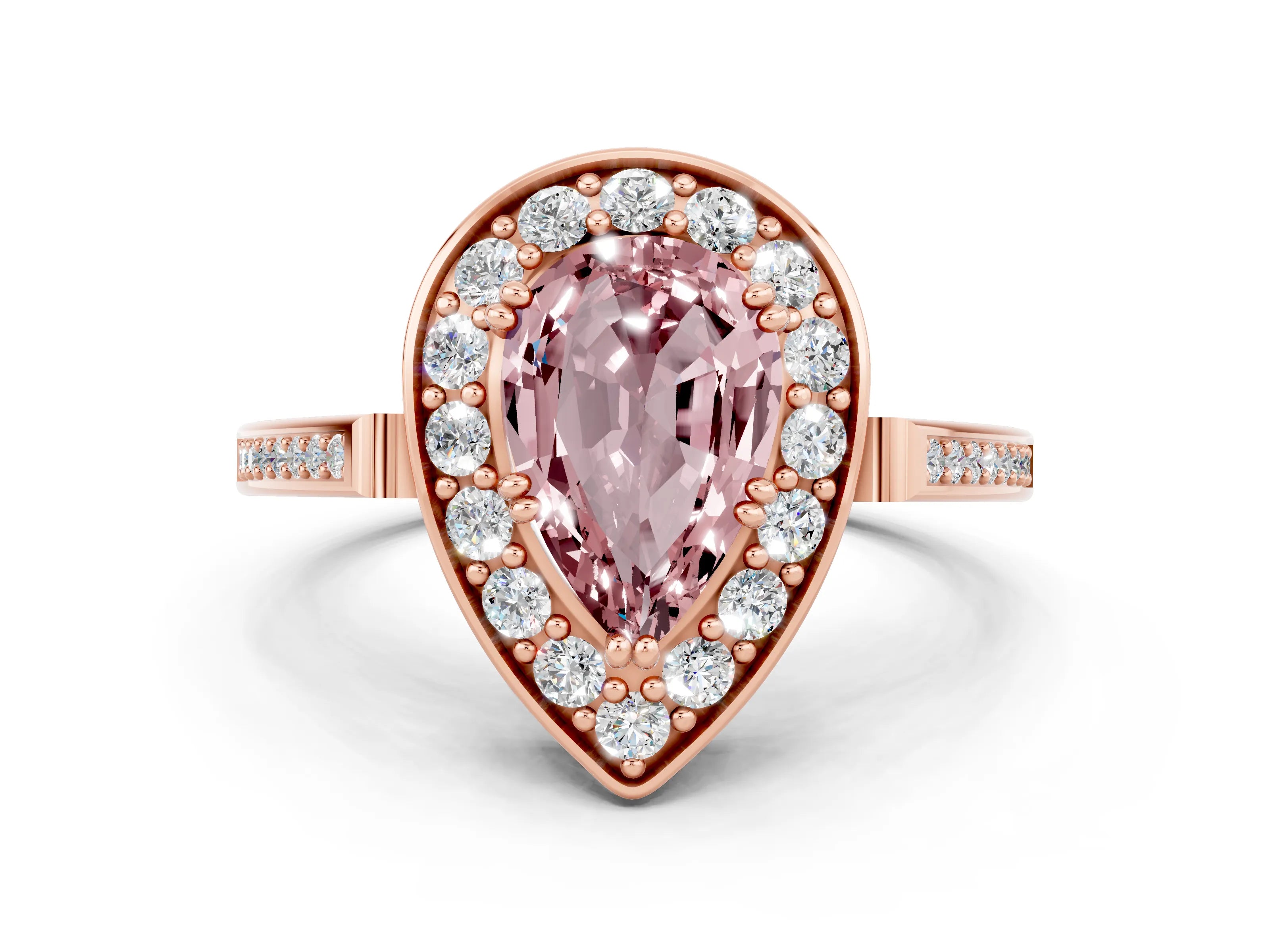 Rose gold Pear Cut Morganite Halo Ring with Split Shank and Four-Prong Setting