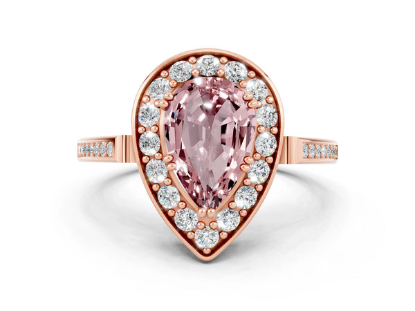 Rose gold Pear Cut Morganite Halo Ring with Split Shank and Four-Prong Setting