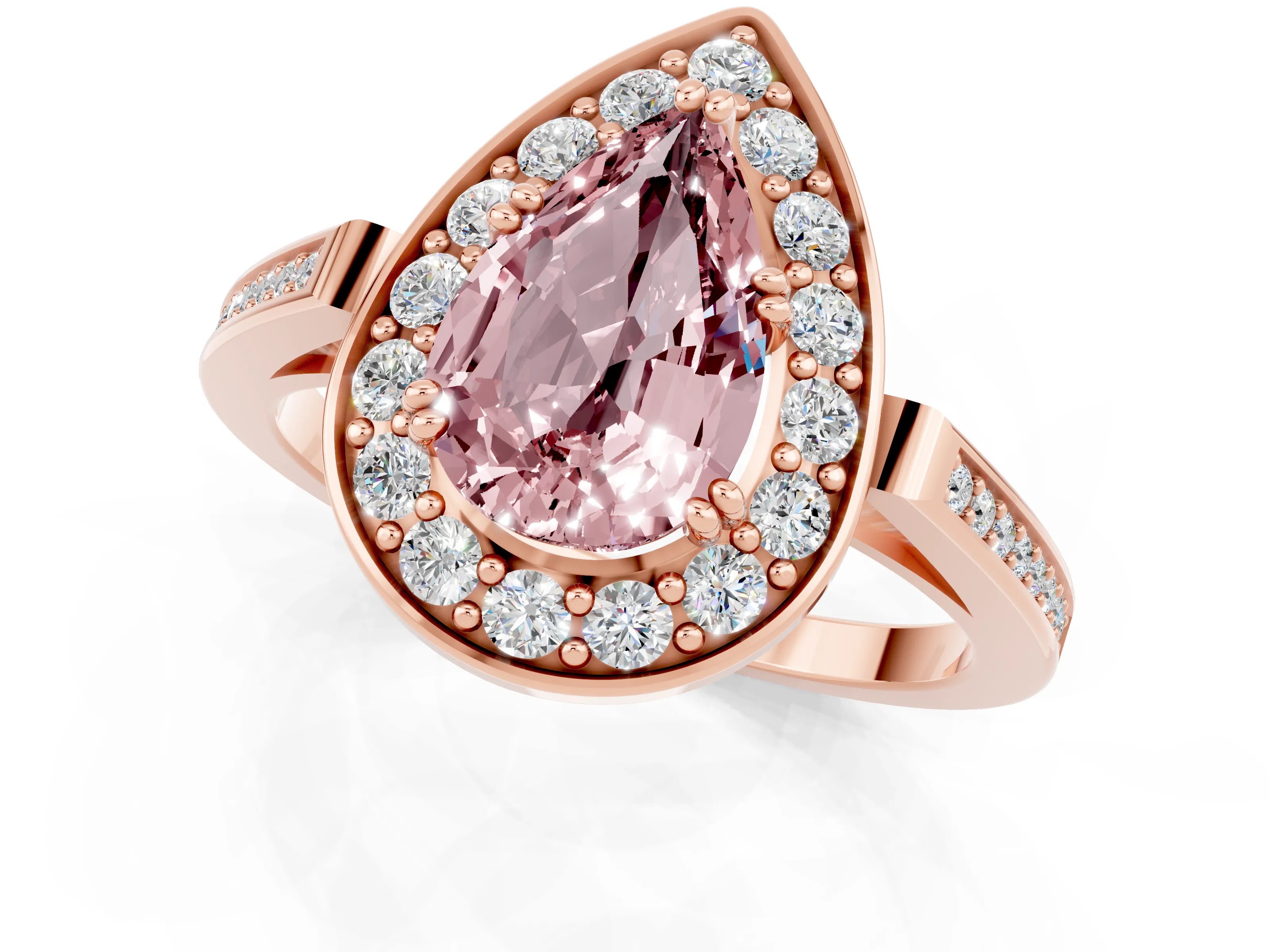 Rose gold Pear Cut Morganite Halo Ring with Split Shank and Four-Prong Setting_1