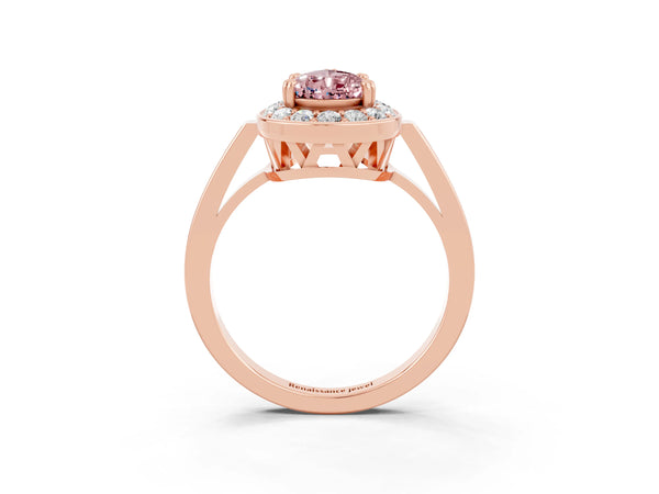 Rose gold Pear Cut Morganite Halo Ring with Split Shank and Four-Prong Setting
