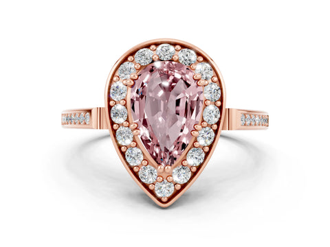Rose gold Pear Cut Morganite Halo Ring with Split Shank and Four-Prong Setting