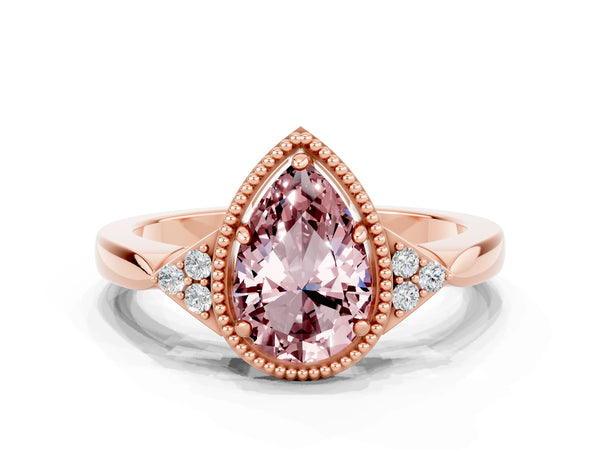 Rose gold Pear Cut Morganite Halo Ring with Tapered Band and Four-Prong Setting