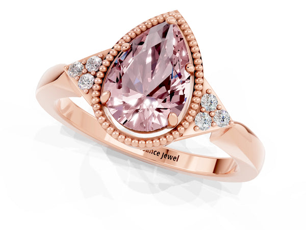 Rose gold Pear Cut Morganite Halo Ring with Tapered Band and Four-Prong Setting