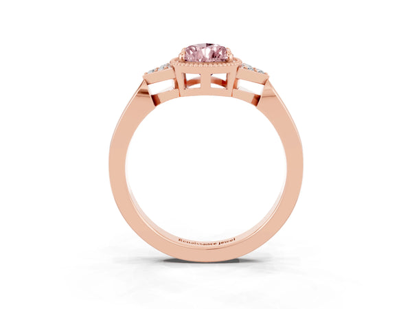 Rose gold Pear Cut Morganite Halo Ring with Tapered Band and Four-Prong Setting