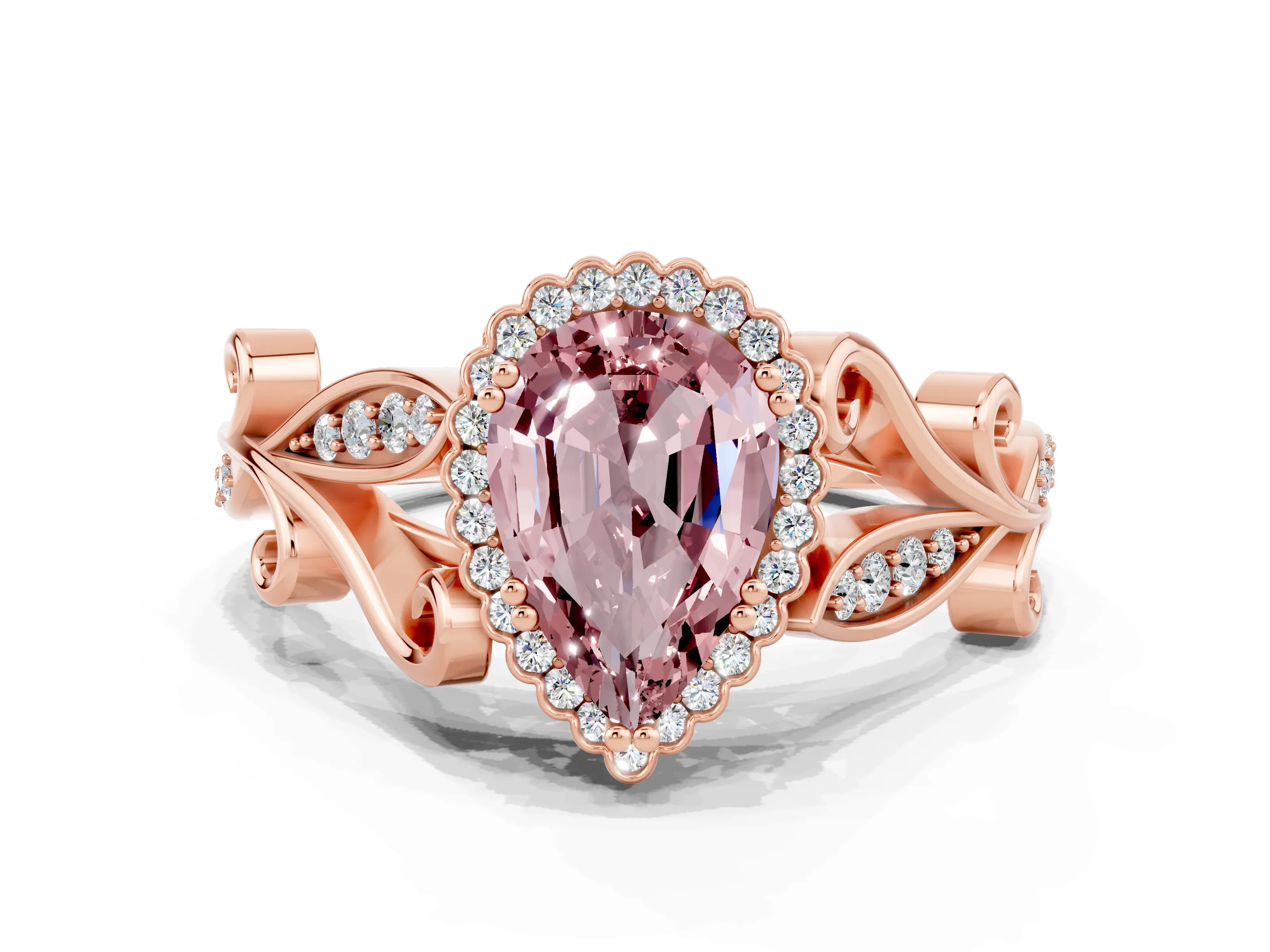 Rose gold Pear Cut Morganite Halo Ring with Vintage Split Shank and Four-Prong Setting