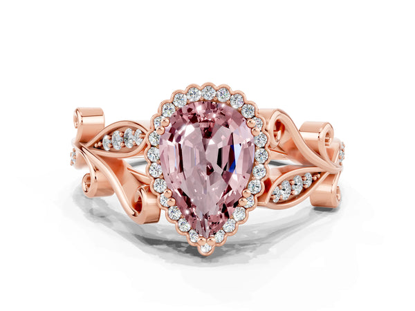 Rose gold Pear Cut Morganite Halo Ring with Vintage Split Shank and Four-Prong Setting