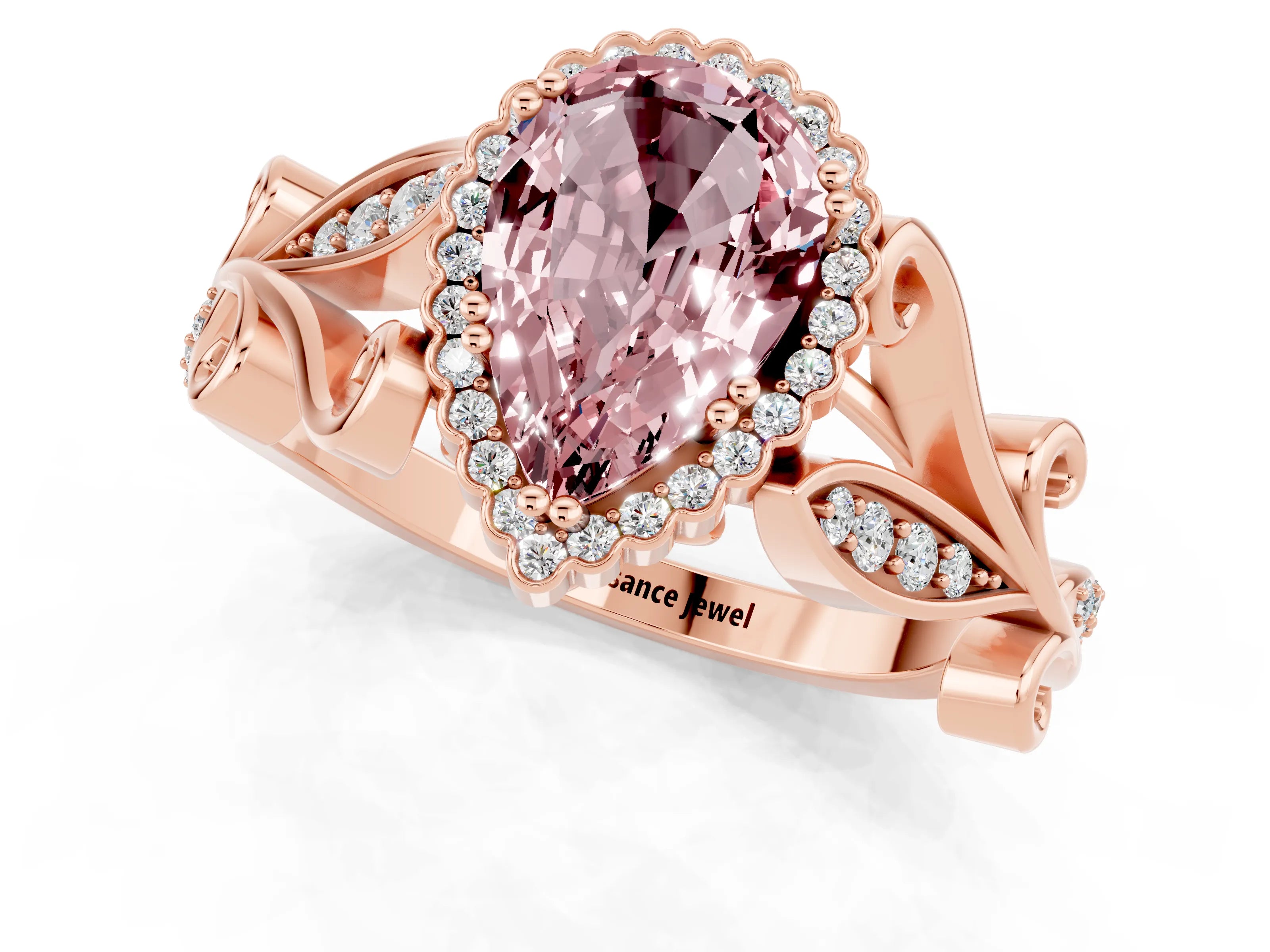 Rose gold Pear Cut Morganite Halo Ring with Vintage Split Shank and Four-Prong Setting_1