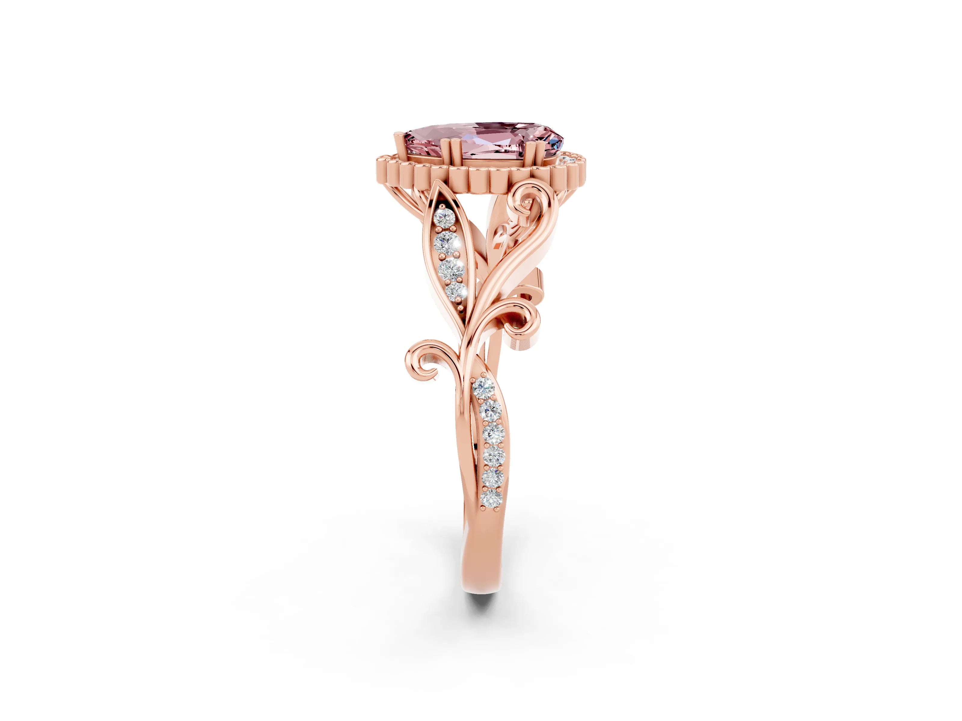 Rose gold Pear Cut Morganite Halo Ring with Vintage Split Shank and Four-Prong Setting_2