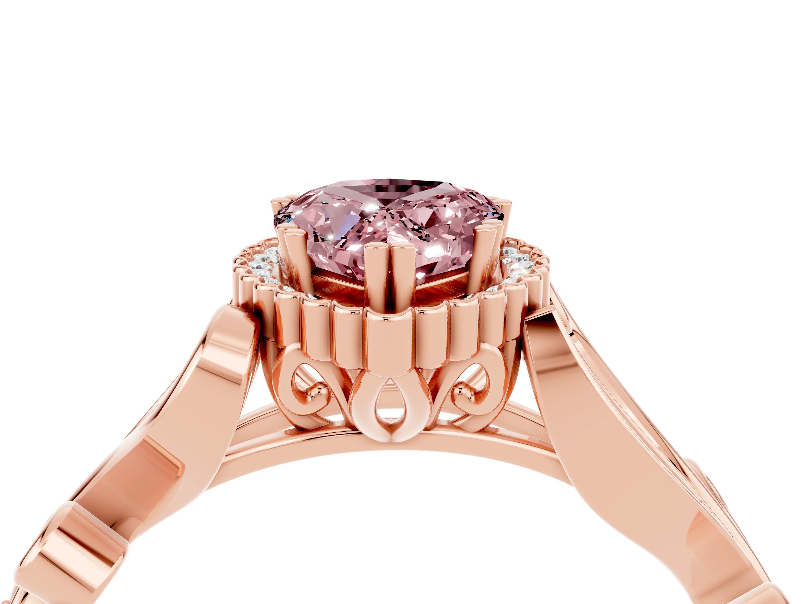 Rose gold Pear Cut Morganite Halo Ring with Vintage Split Shank and Four-Prong Setting_4