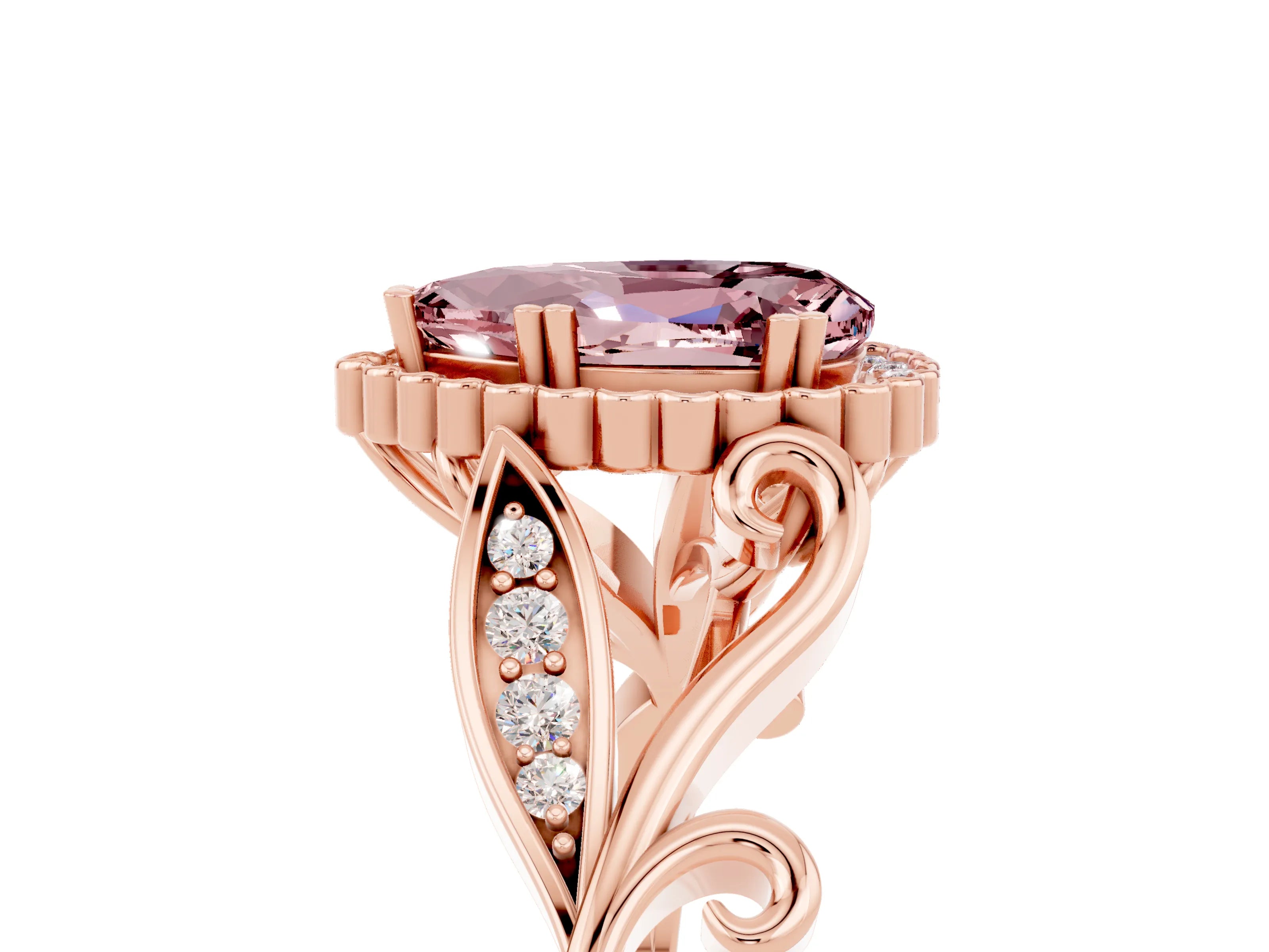 Rose gold Pear Cut Morganite Halo Ring with Vintage Split Shank and Four-Prong Setting_5