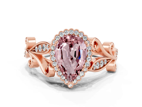 Rose gold Pear Cut Morganite Halo Ring with Vintage Split Shank and Four-Prong Setting