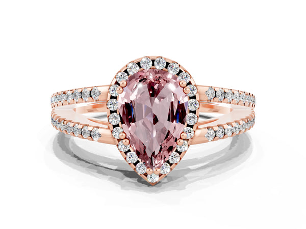 Rose gold Pear Cut Morganite Halo Split Shank Engagement Ring