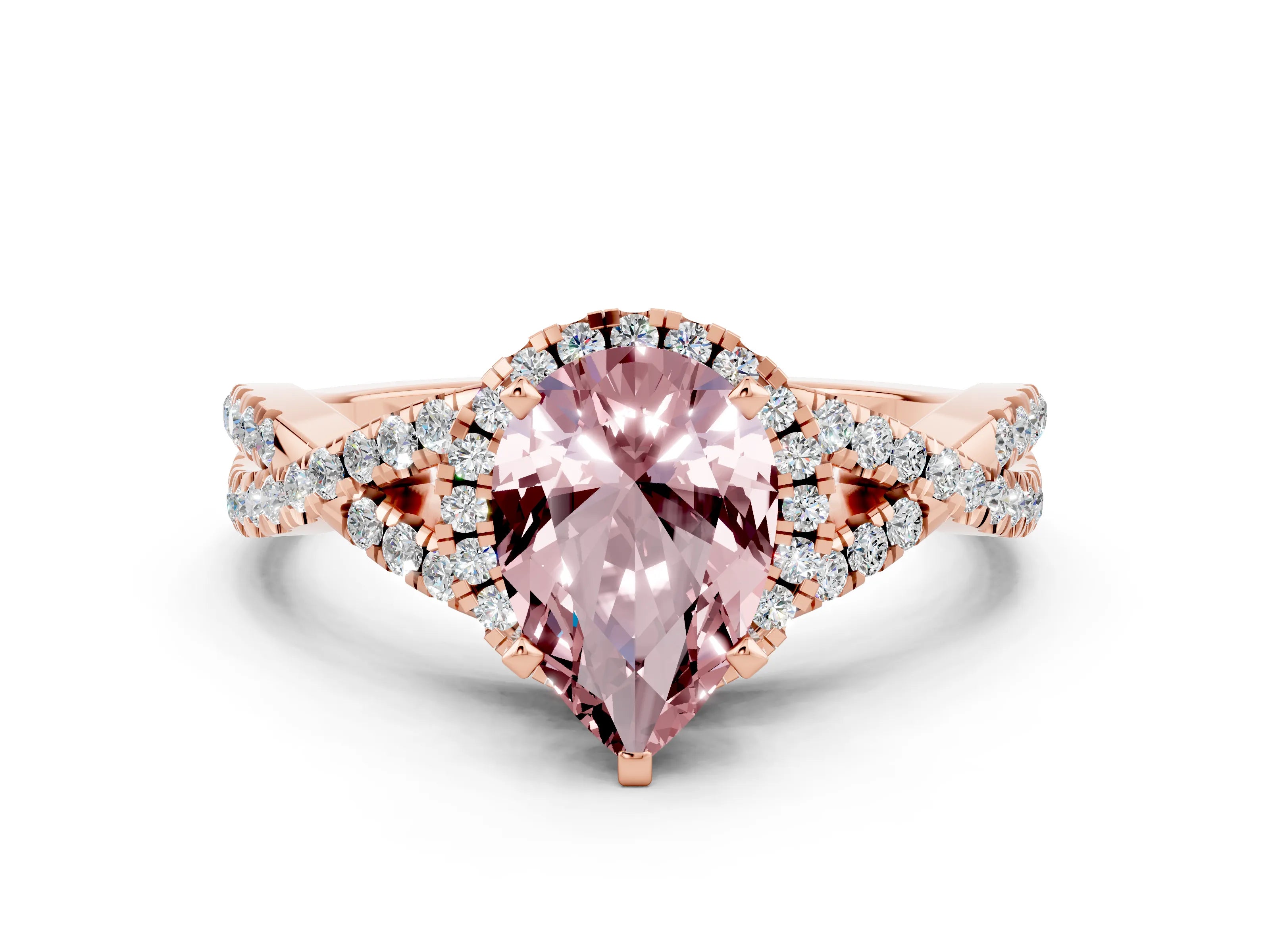 Rose gold Pear Cut Morganite Halo Twist Band Solitaire Prong Setting Ring