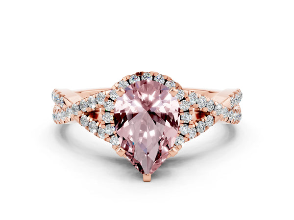 Rose gold Pear Cut Morganite  Halo Twist Band Solitaire Prong Setting Ring