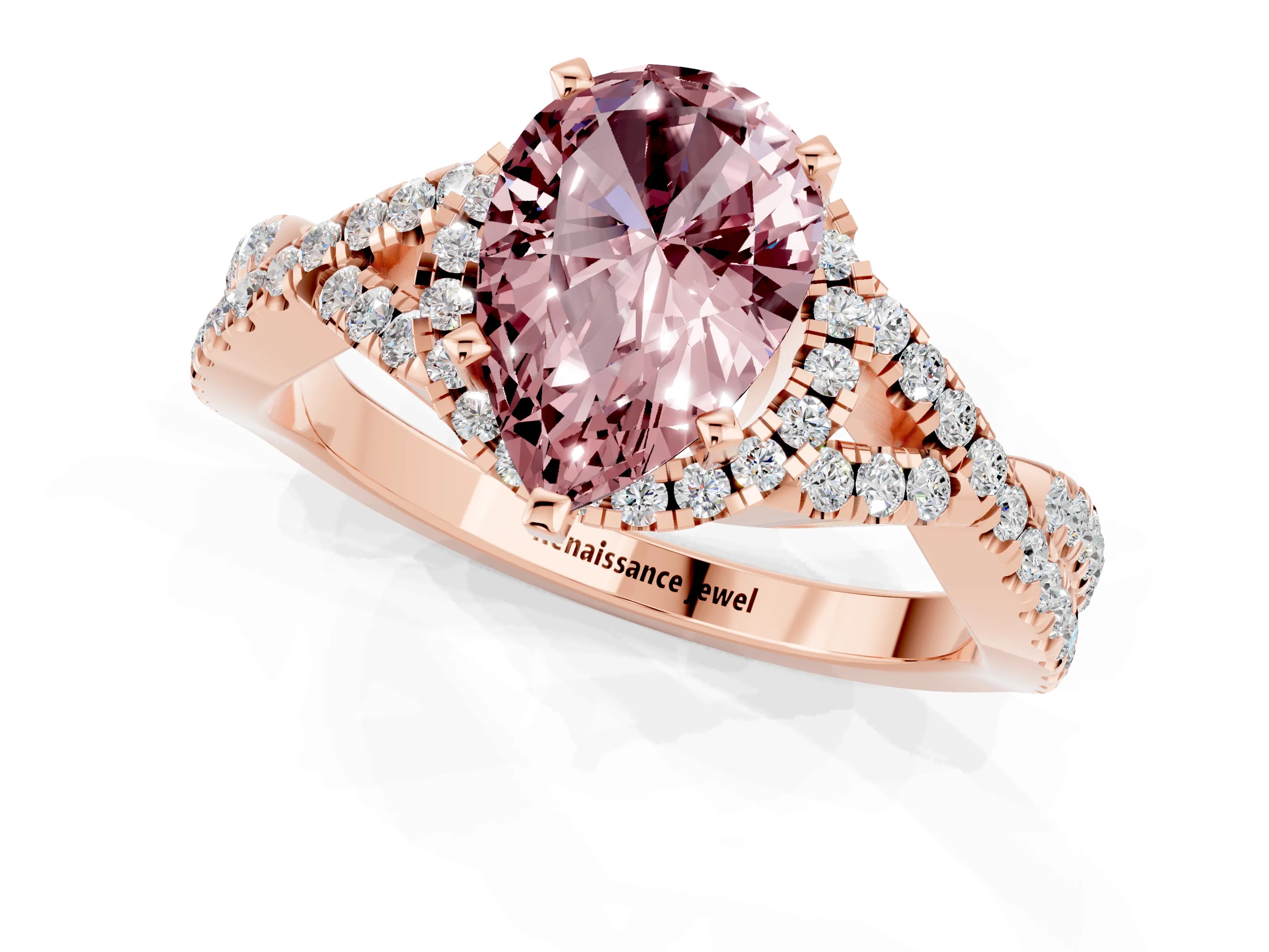 Rose gold Pear Cut Morganite Halo Twist Band Solitaire Prong Setting Ring_1