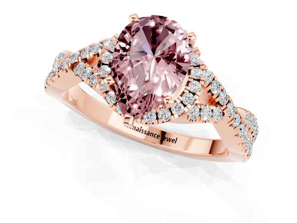 Rose gold Pear Cut Morganite  Halo Twist Band Solitaire Prong Setting Ring