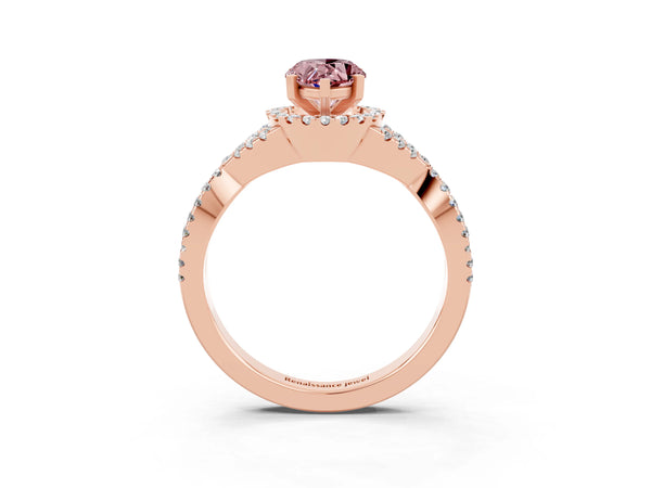 Rose gold Pear Cut Morganite  Halo Twist Band Solitaire Prong Setting Ring
