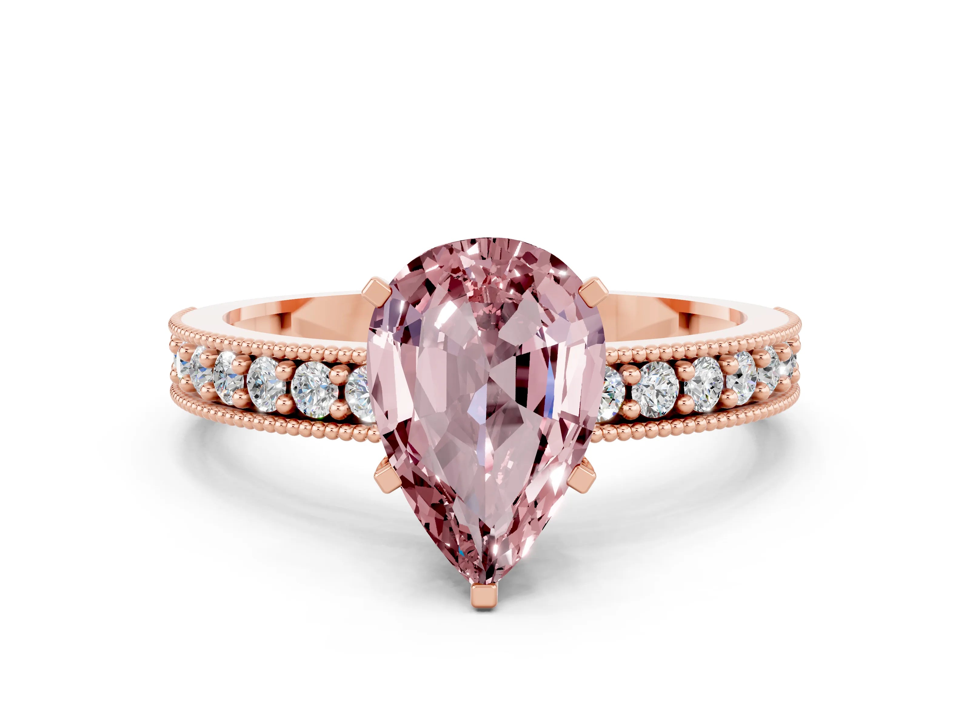 Rose gold Pear Cut Morganite Milgrain Pavé Engagement Ring with Four-Prong Setting