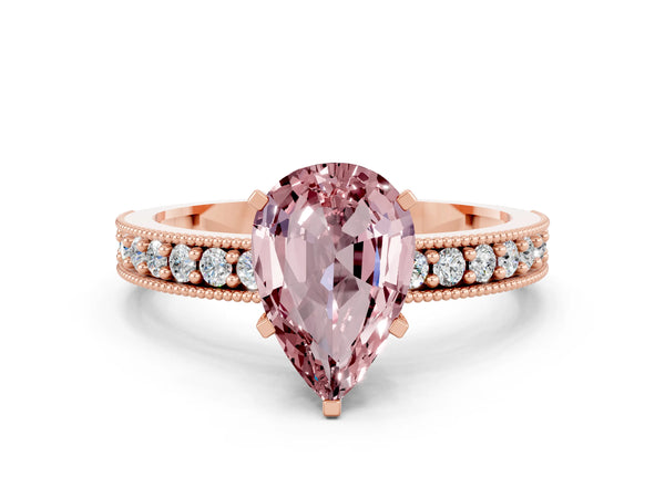 Rose gold Pear Cut Morganite Milgrain Pavé Engagement Ring with Four-Prong Setting