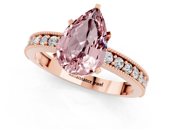 Rose gold Pear Cut Morganite Milgrain Pavé Engagement Ring with Four-Prong Setting