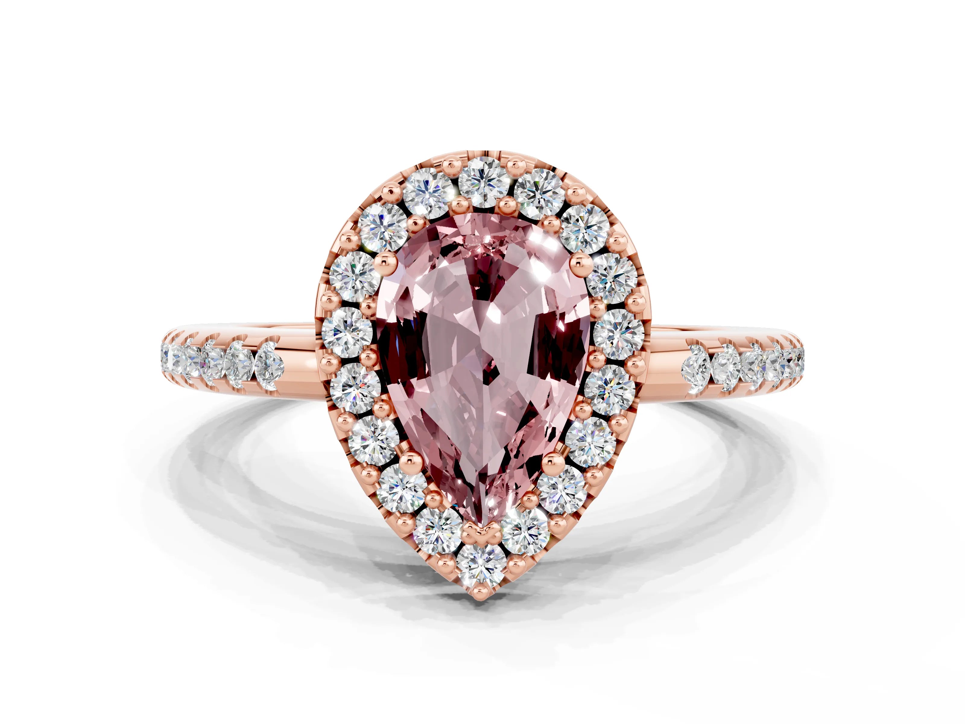 Rose gold Pear Cut Morganite Pavé Halo Ring with Four-Prong Setting_12