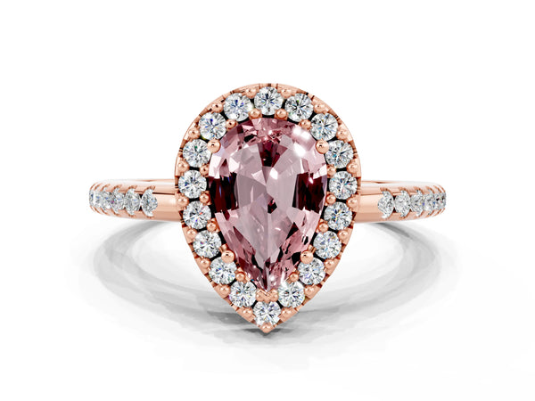 Rose gold Pear Cut Morganite Pavé Halo Ring with Four-Prong Setting