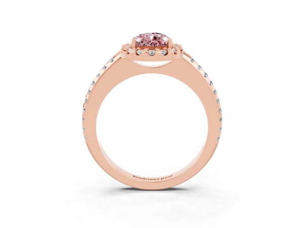 Rose gold Pear Cut Morganite Pavé Halo Ring with Four-Prong Setting