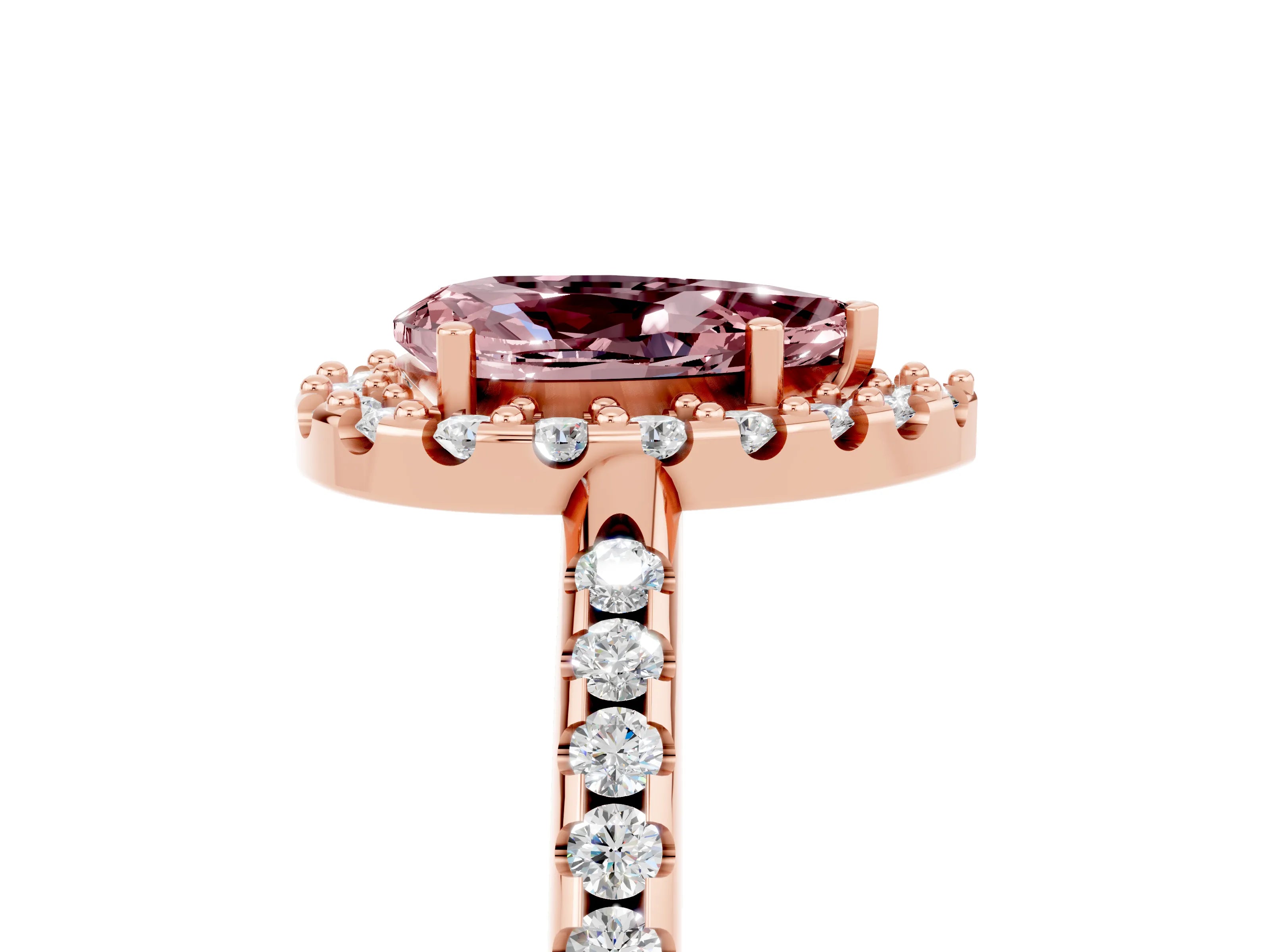 Rose gold Pear Cut Morganite Pavé Halo Ring with Four-Prong Setting_17