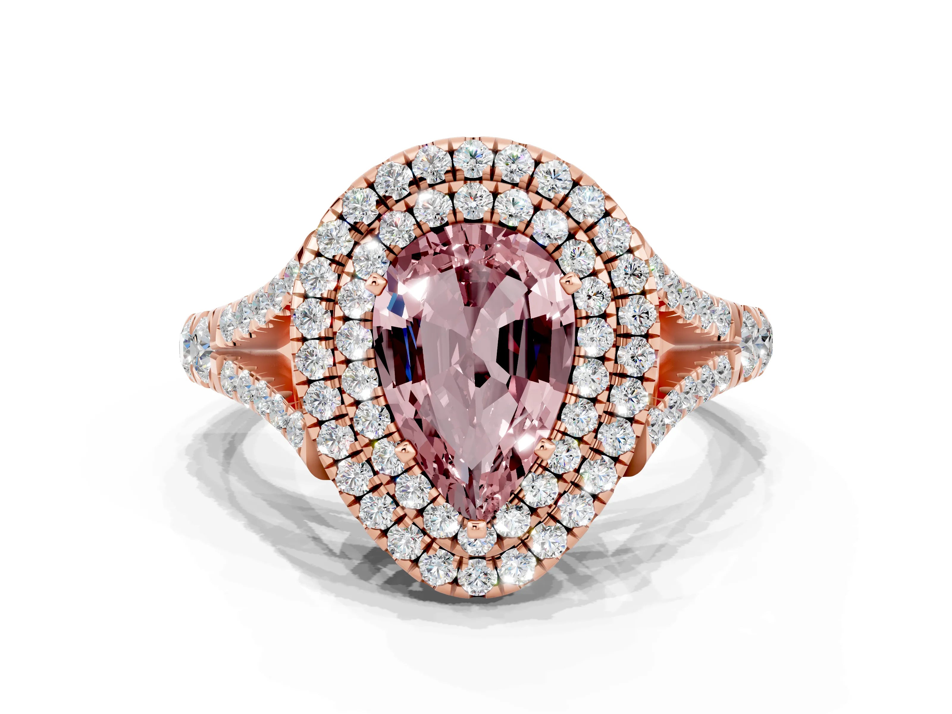 Rose gold Pear Cut Morganite Pavé Split Shank Double Halo Engagement Ring