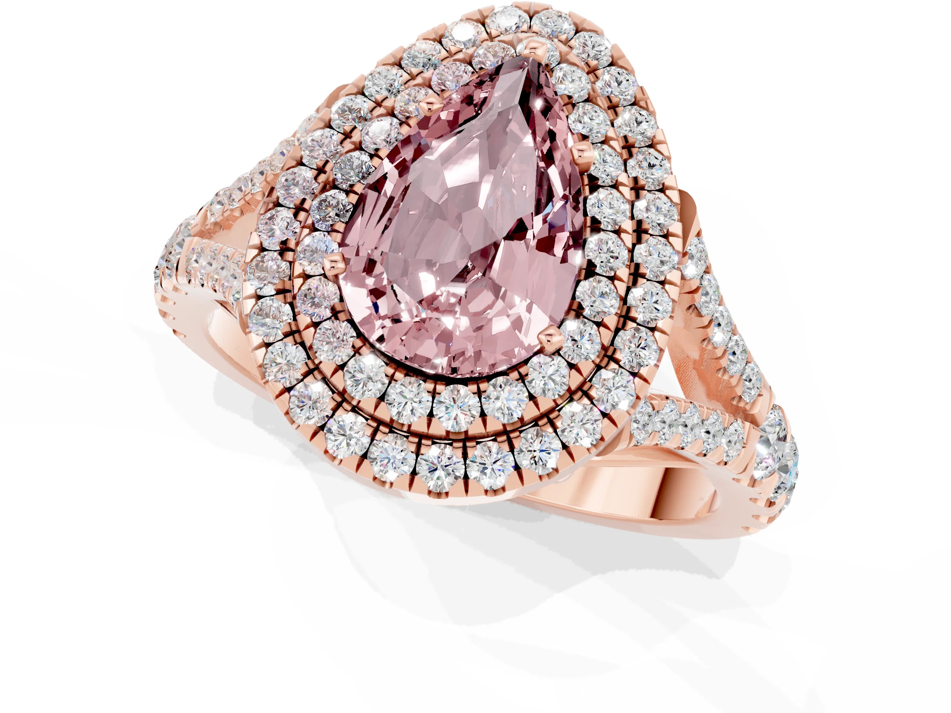Rose gold Pear Cut Morganite Pavé Split Shank Double Halo Engagement Ring_1