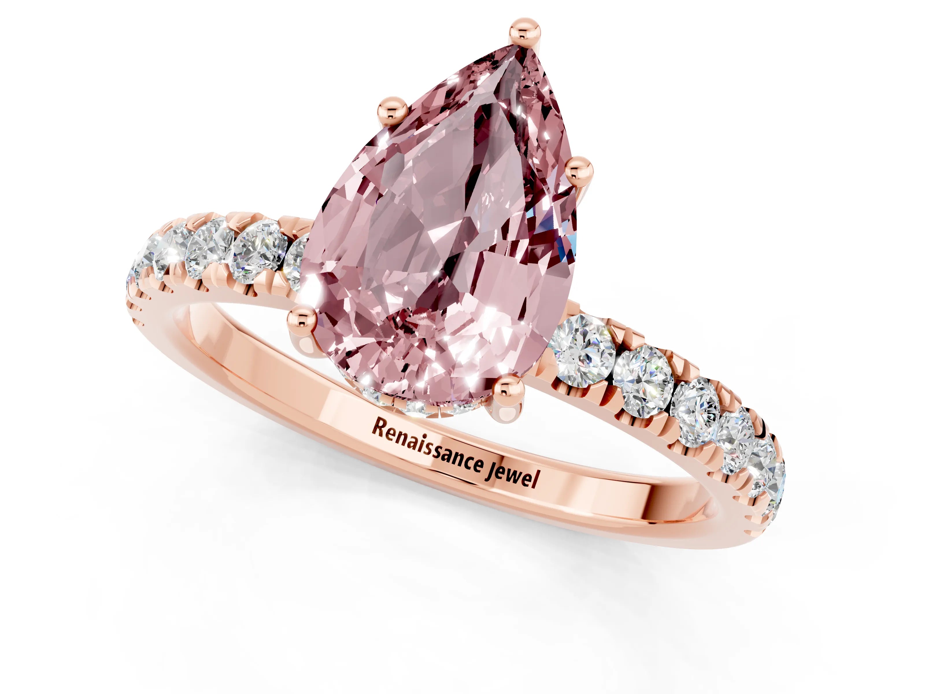 Rose gold Pear Cut Morganite Pave Band Solitaire Ring with Four-Prong Setting_25