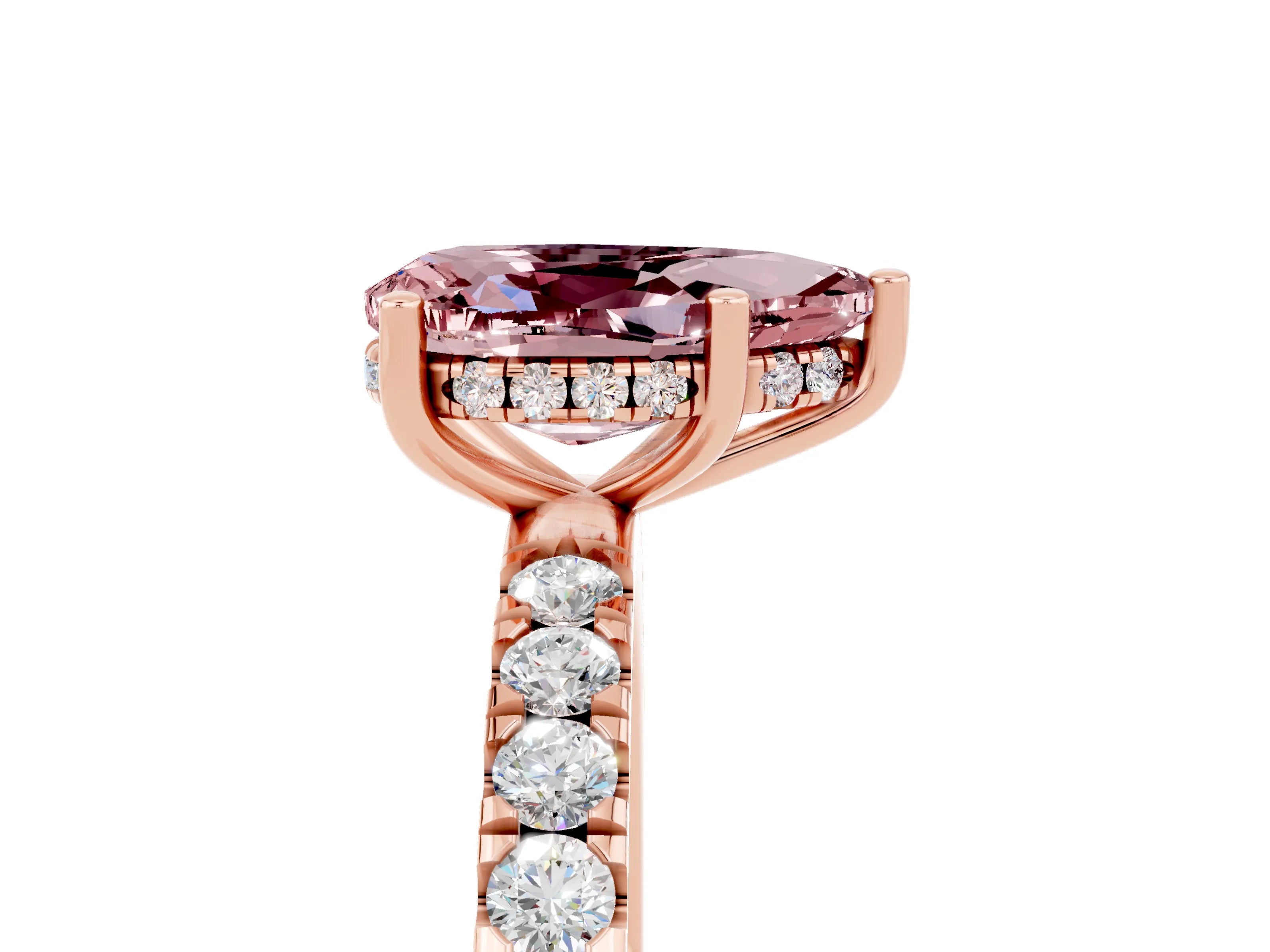 Rose gold Pear Cut Morganite Pave Band Solitaire Ring with Four-Prong Setting_29