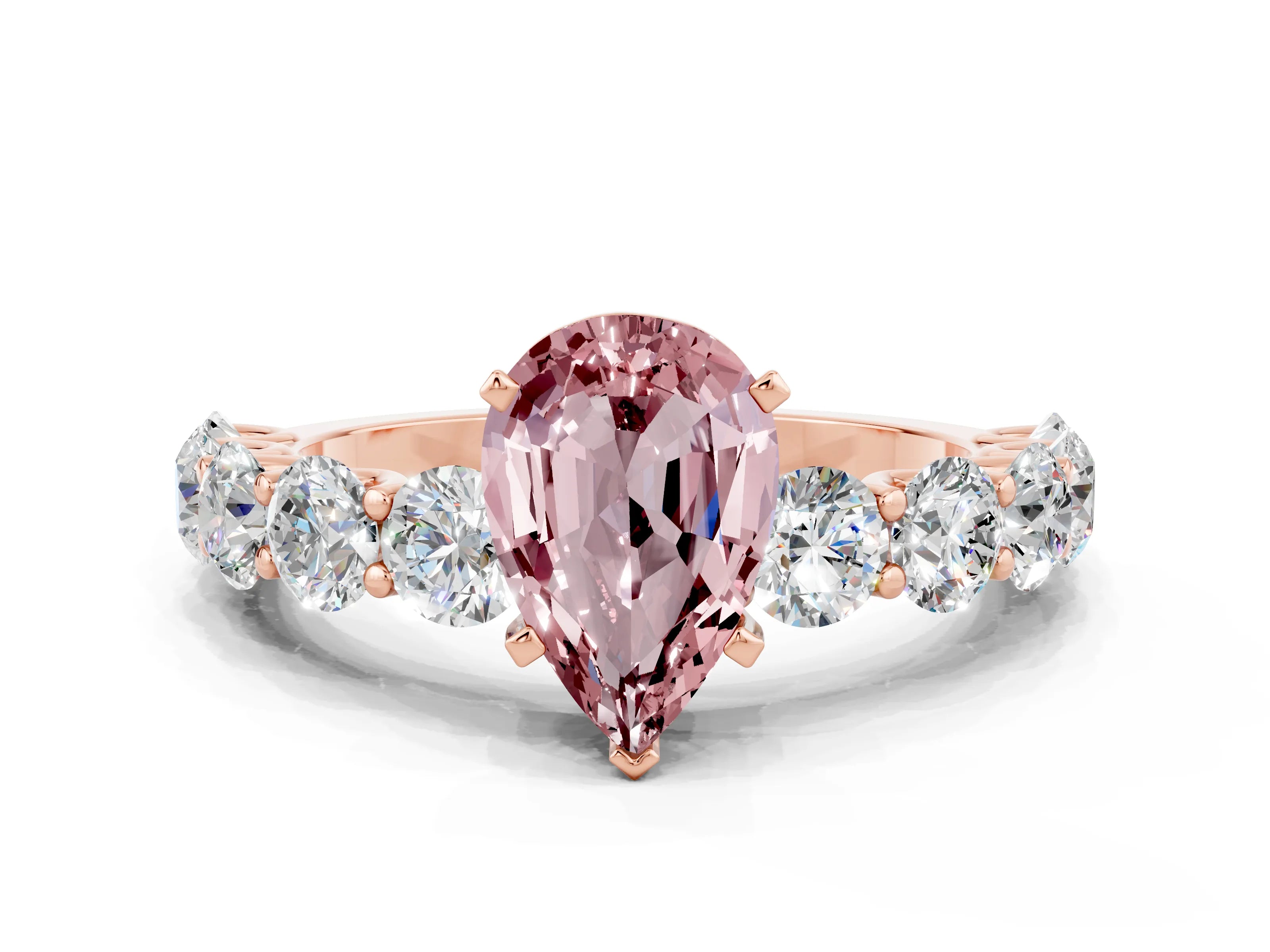 Rose gold Pear Cut Morganite Prong Setting with Side Stones on a Pave Band