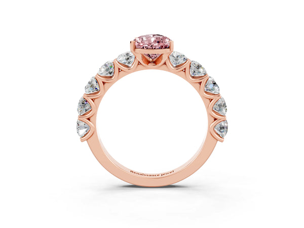 Rose gold Pear Cut Morganite Prong Setting with Side Stones on a Pave Band